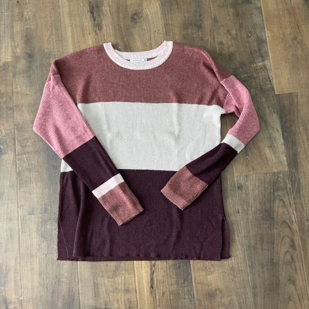 Staccato L Colorblock Ribbed Knit Sweater Pink Cream Burgundy Long Sleeve